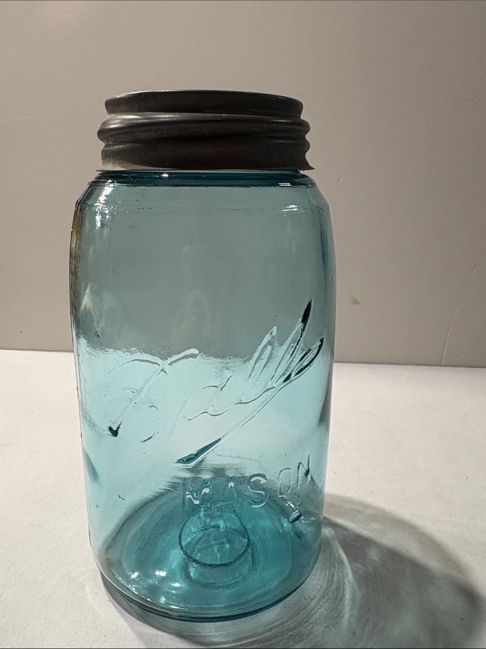 Antique Ball Triple L Slope Shoulder Quart Mason Fruit Canning Blue Jar Zinc Lid